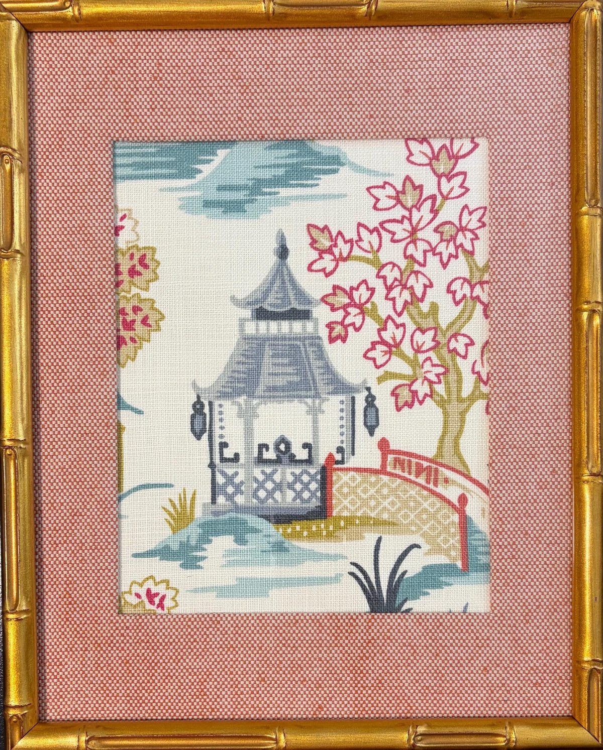 Chinoiserie Wall Art Blue Suki Fabric in Gold Bamboo Frame 12x15 Ballard Designs Style Chinese Asian Decor