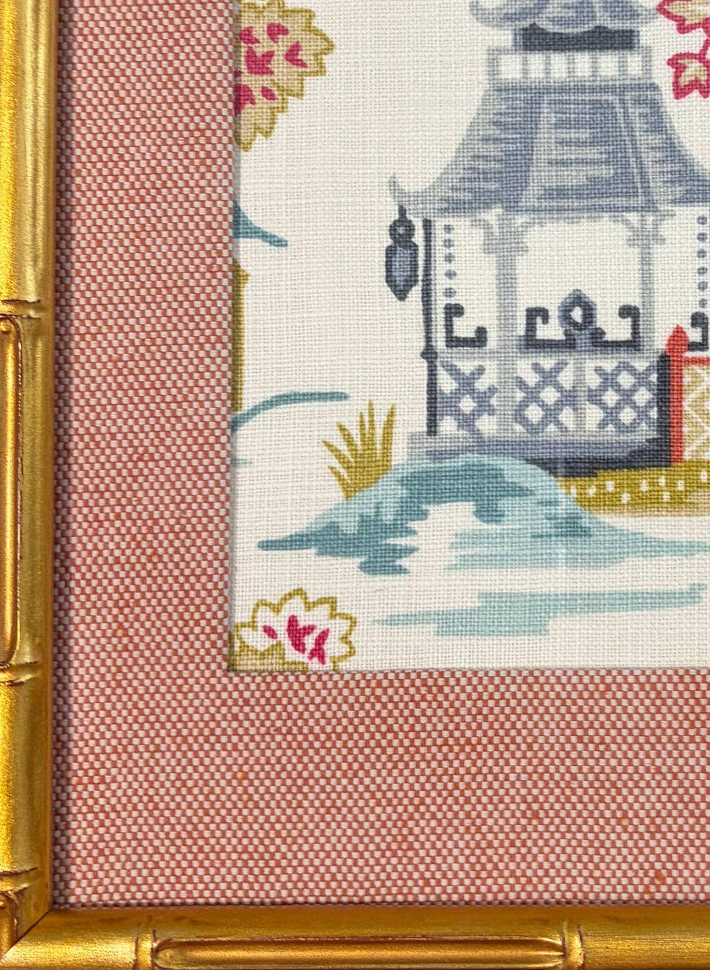 Chinoiserie Wall Art Blue Suki Fabric in Gold Bamboo Frame 12x15 Ballard Designs Style Chinese Asian Decor