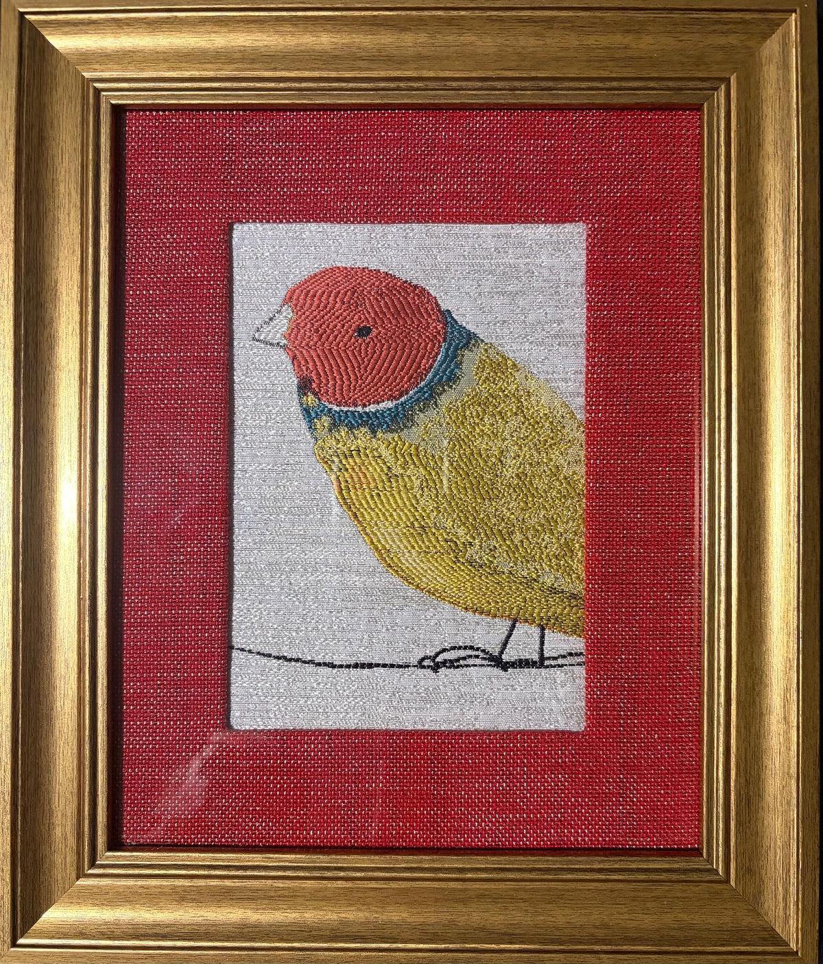 Finch Framed Wall Art — Red and Gold Fabric Mat 10 x 12 Bird Watcher Unique