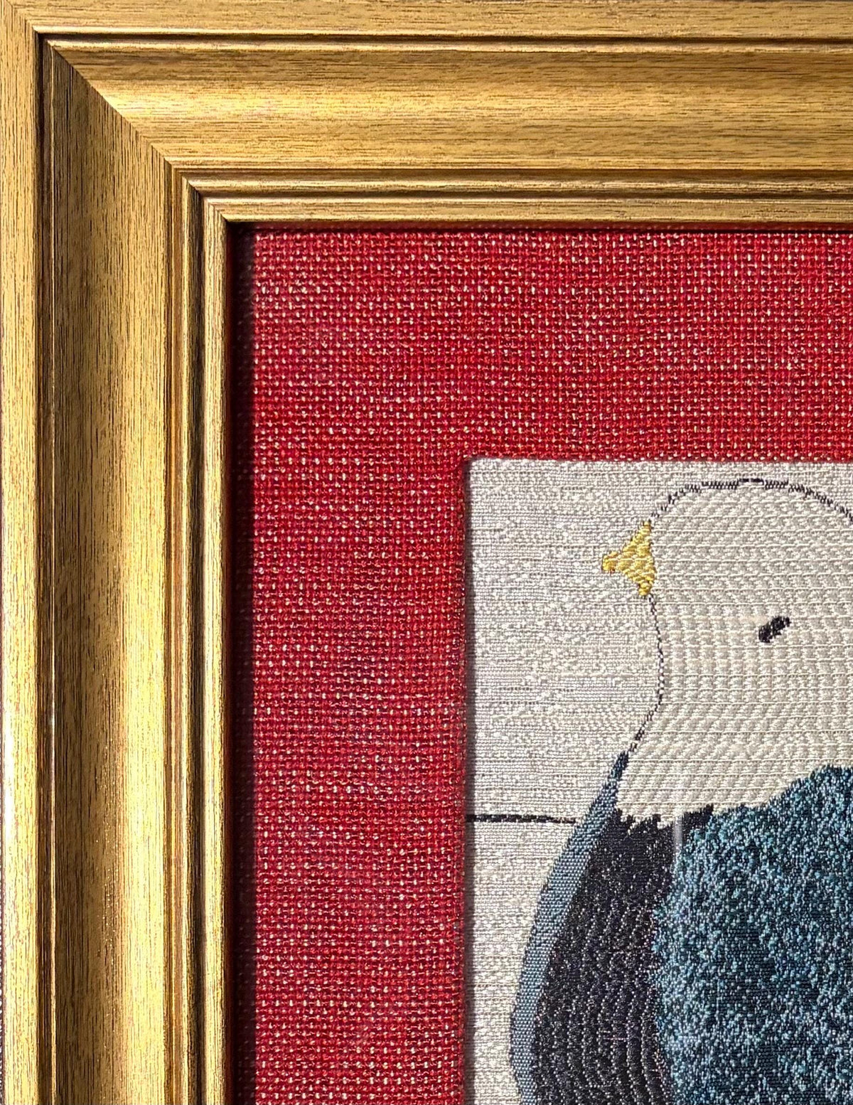 Finch Framed Wall Art — Red and Gold Fabric Mat 10 x 12 Bird Watcher Unique