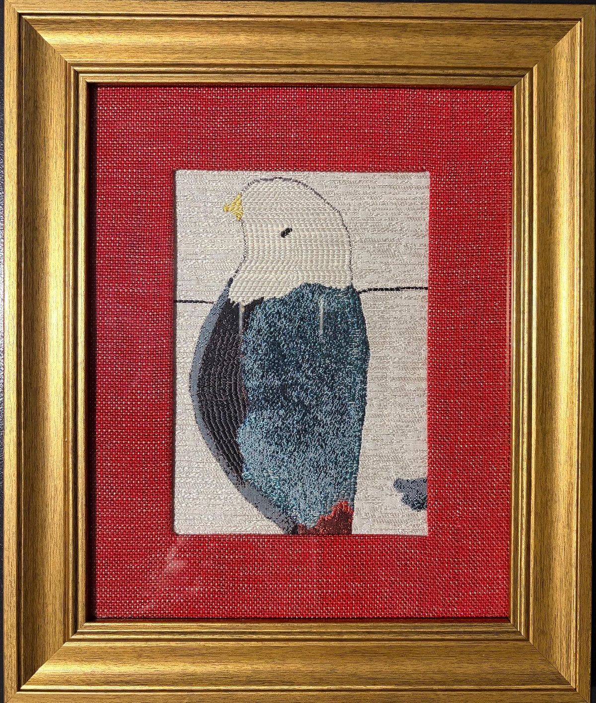 Finch Framed Wall Art — Red and Gold Fabric Mat 10 x 12 Bird Watcher Unique
