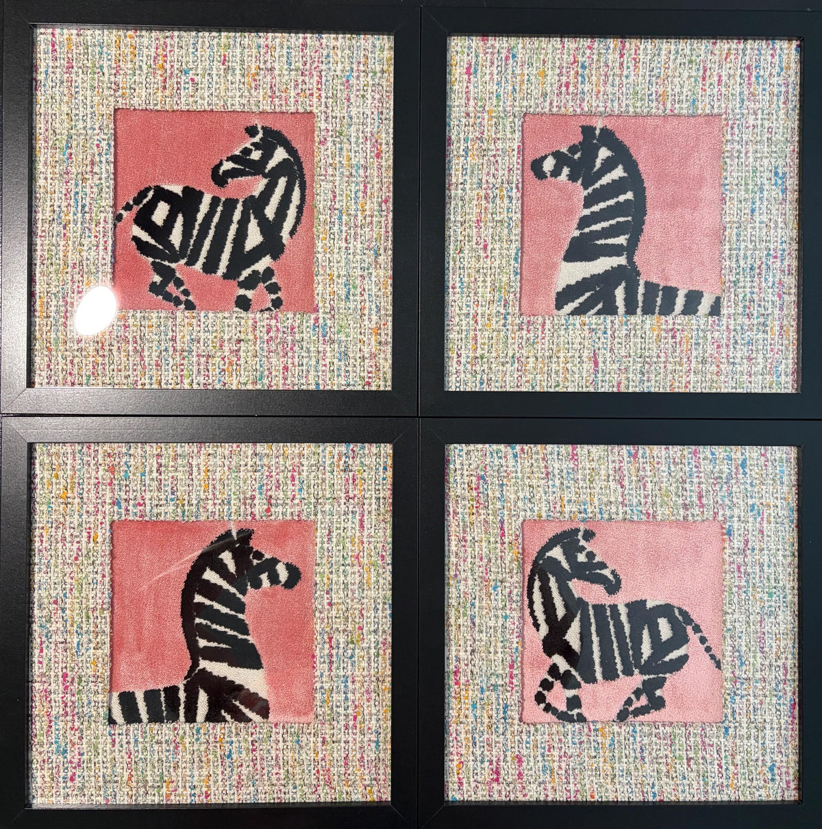 Set of 4 Pink Zebra Wall Art, Velvet Textile Gallery Decor, Custom Framed Wildlife Animal Theme for Living Room, Bedroom, Nursery