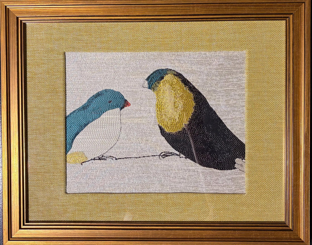 Fabric Wall Art, Teal White Charcoal Birds, Gold Frame 13x16