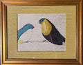 Fabric Wall Art, Teal White Charcoal Birds, Gold Frame 13x16