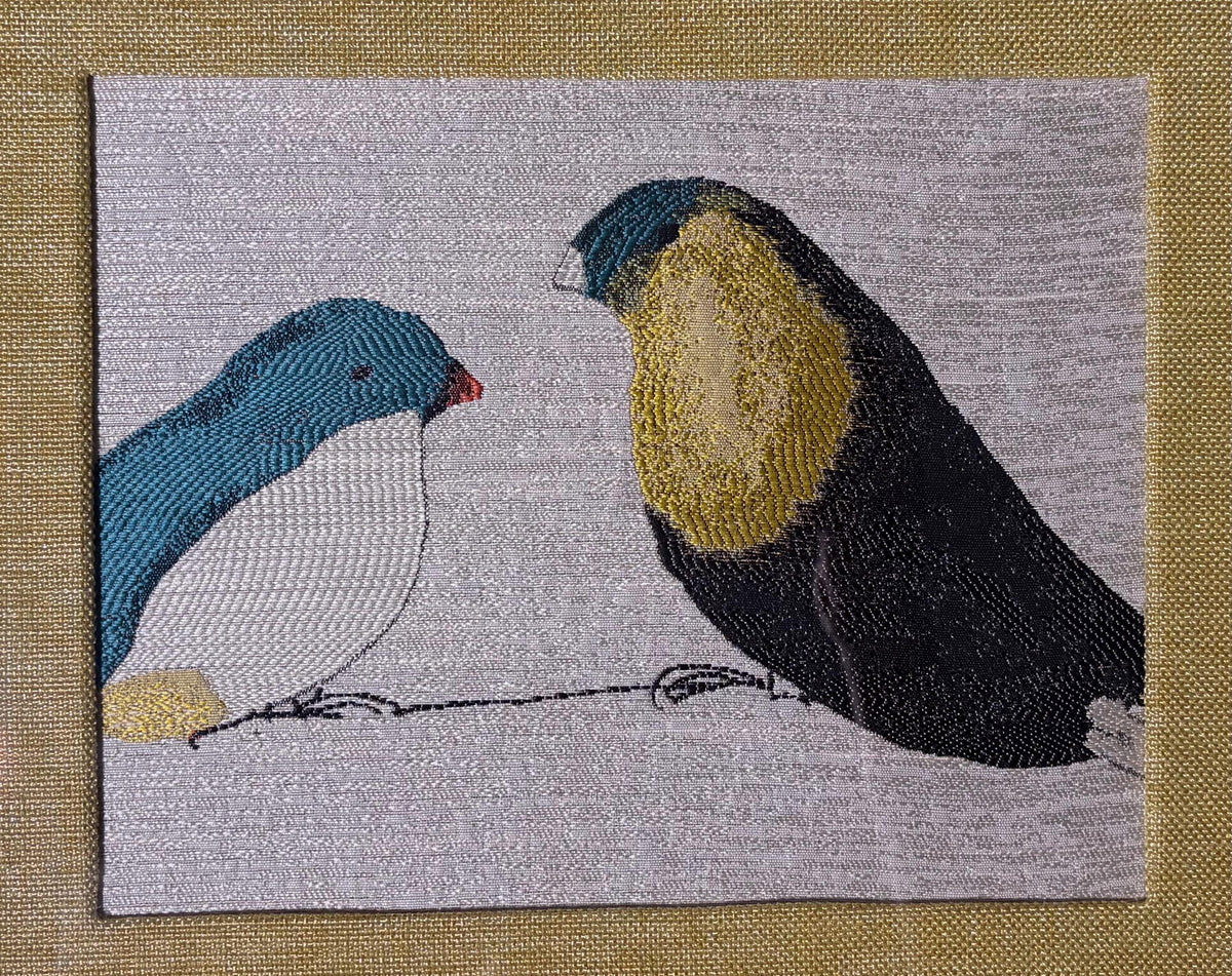 Fabric Wall Art, Teal White Charcoal Birds, Gold Frame 13x16