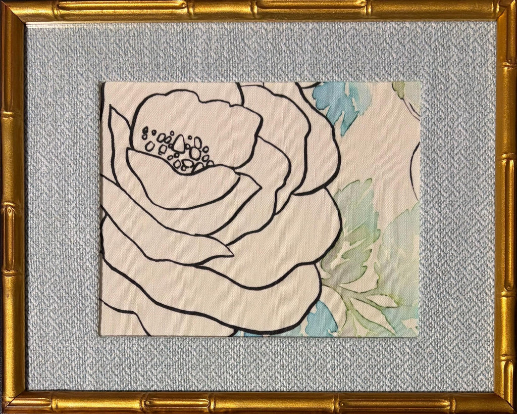 White Rose Art Pair— Designer Fabric Wall Art, 12x15 Gold Frames