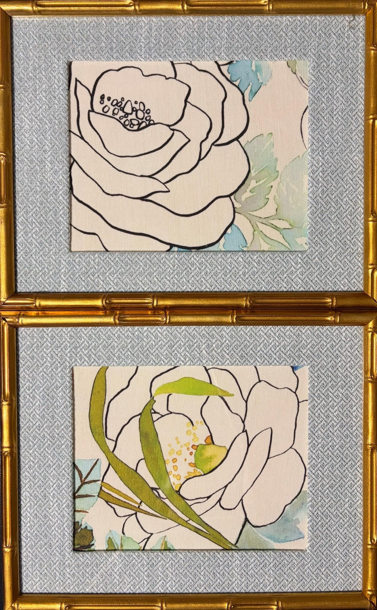 White Rose Art Pair— Designer Fabric Wall Art, 12x15 Gold Frames