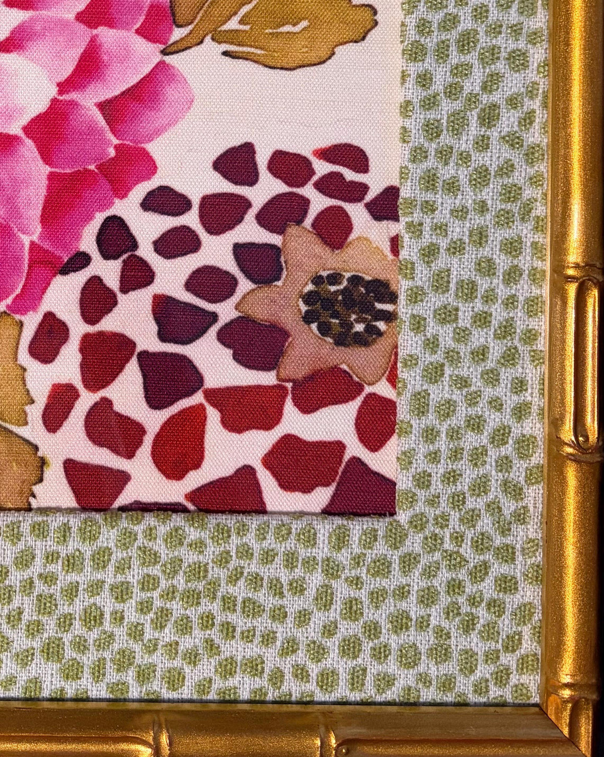 Pink Dahlia Botanical — Designer Fabric Wall Art, 12x15 Gold Bamboo Frame