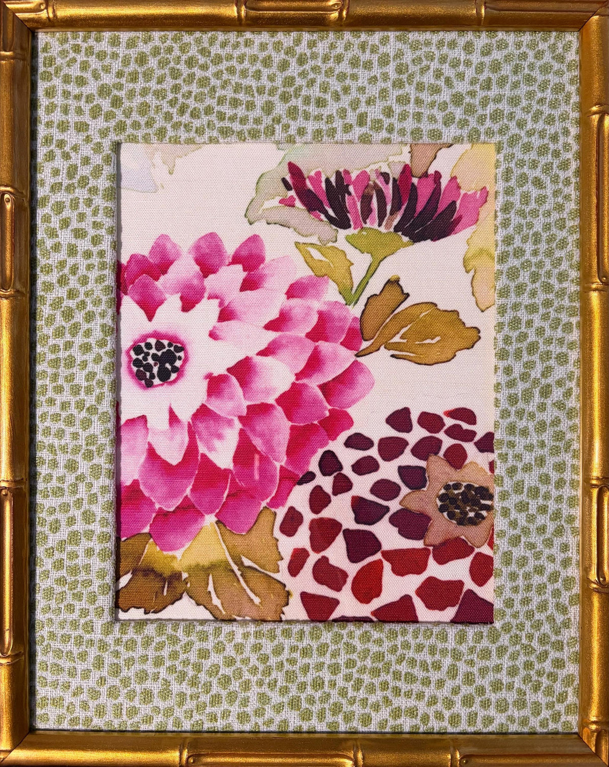 Pink Dahlia Botanical — Designer Fabric Wall Art, 12x15 Gold Bamboo Frame