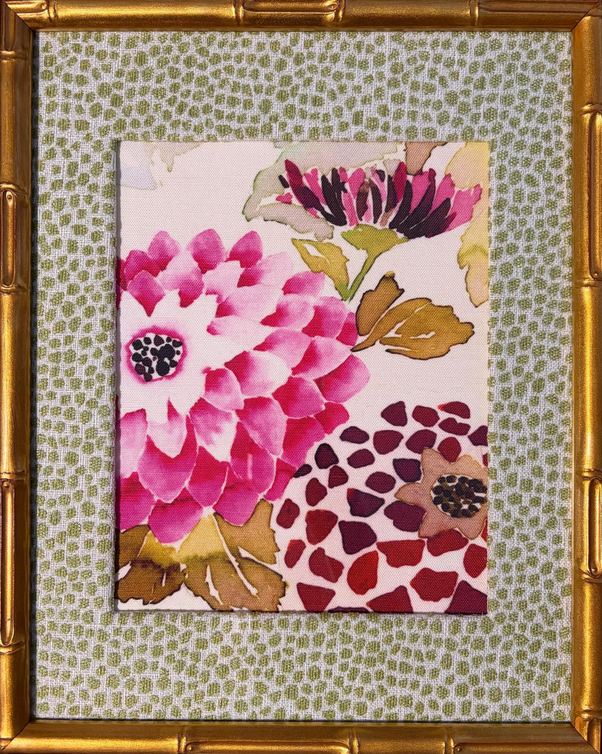 Pink Dahlia Botanical — Designer Fabric Wall Art, 12x15 Gold Bamboo Frame