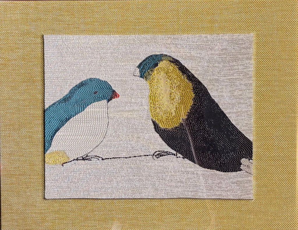 Fabric Wall Art, Teal White Charcoal Birds, Gold Frame 13x16