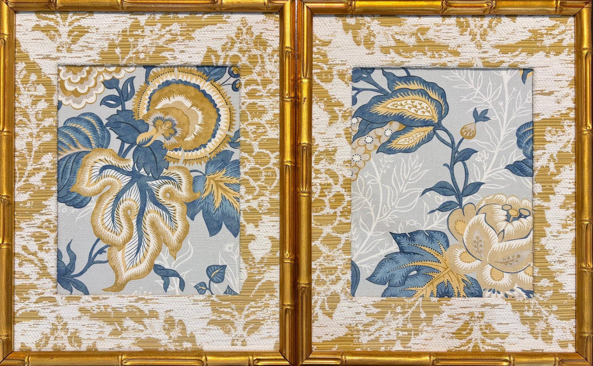 Wellington & Annabelle Ballard Designs Fabric Wall Art - Pair of 12x15 Bamboo Gold Framed Panels, Traditional Textile Decor