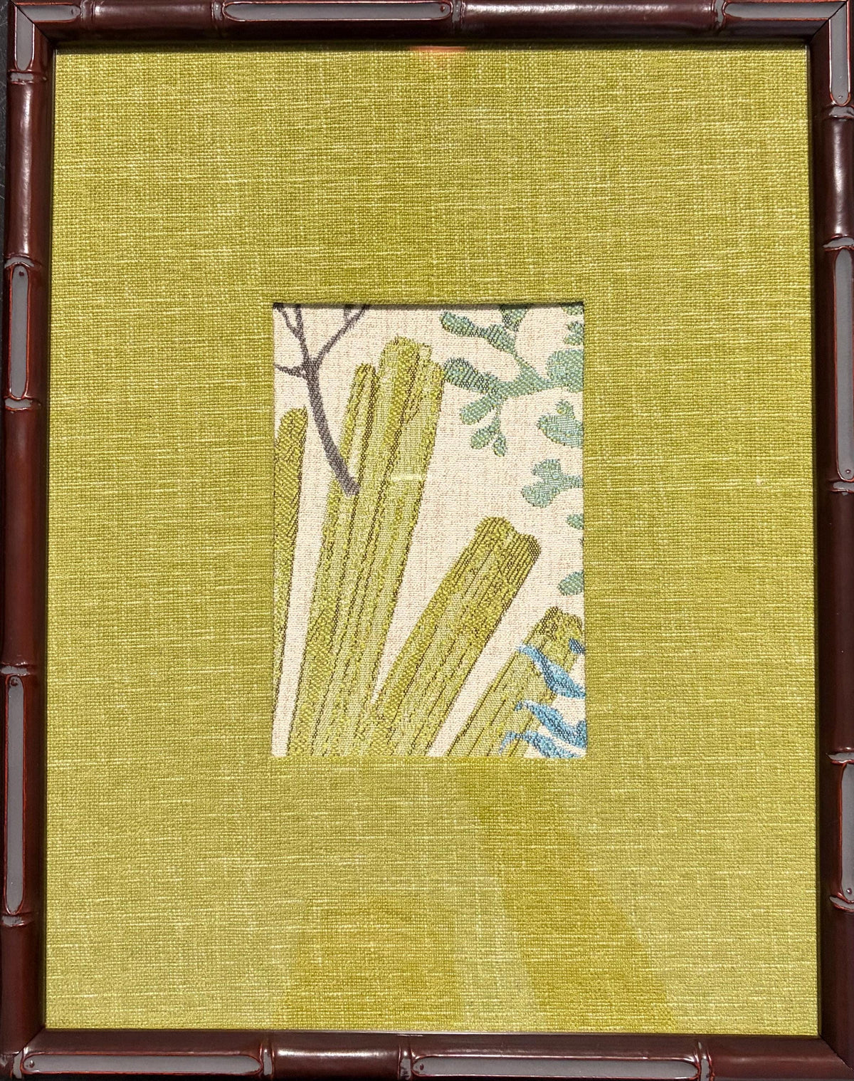 Pair Framed Fabric Wall Art: Blue Green, Mahogany Bamboo Style Frame, Custom Matting 12x15