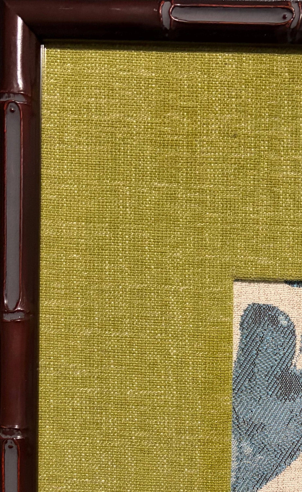 Pair Framed Fabric Wall Art: Blue Green, Mahogany Bamboo Style Frame, Custom Matting 12x15