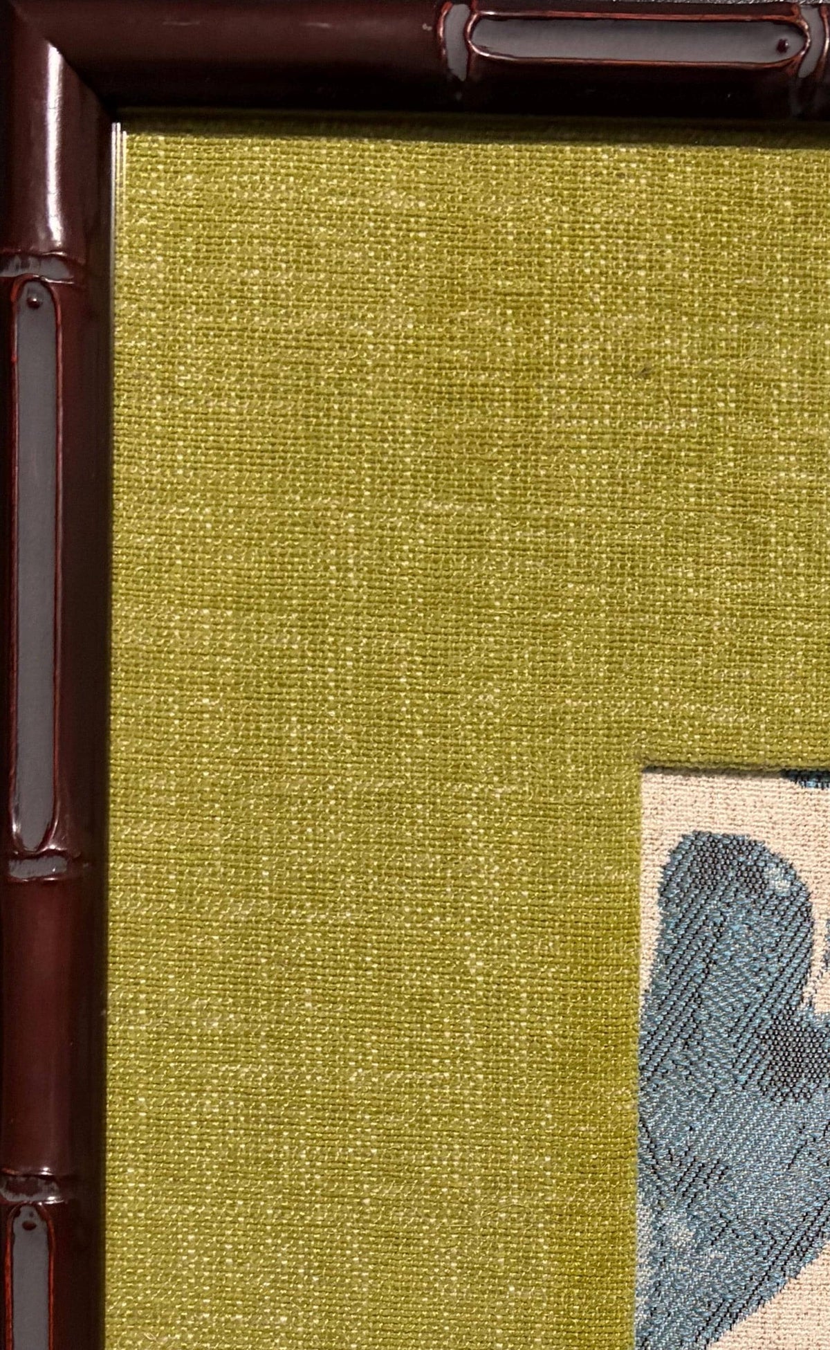 Pair Framed Fabric Wall Art: Blue Green, Mahogany Bamboo Style Frame, Custom Matting 12x15