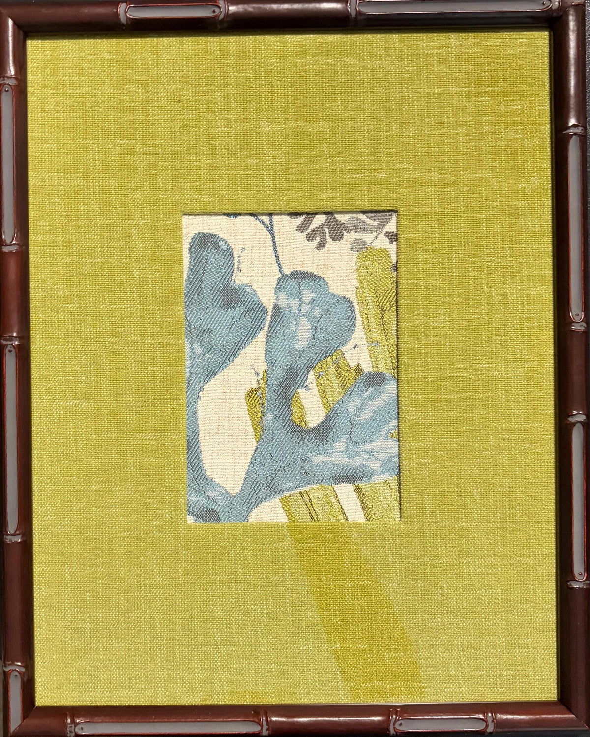 Pair Framed Fabric Wall Art: Blue Green, Mahogany Bamboo Style Frame, Custom Matting 12x15