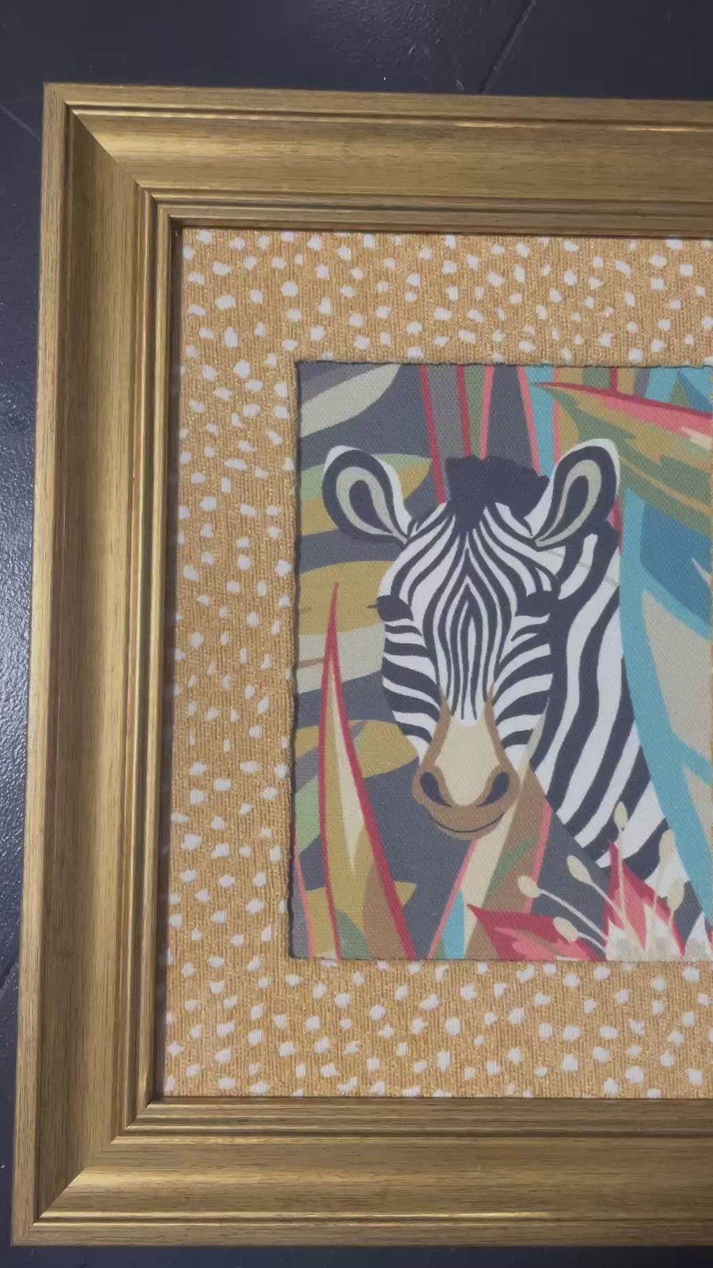 Safari Wall Art — Giraffe and Zebra Kinablu Petro fabric with reverse giraffe fabric mat in Gold Frame