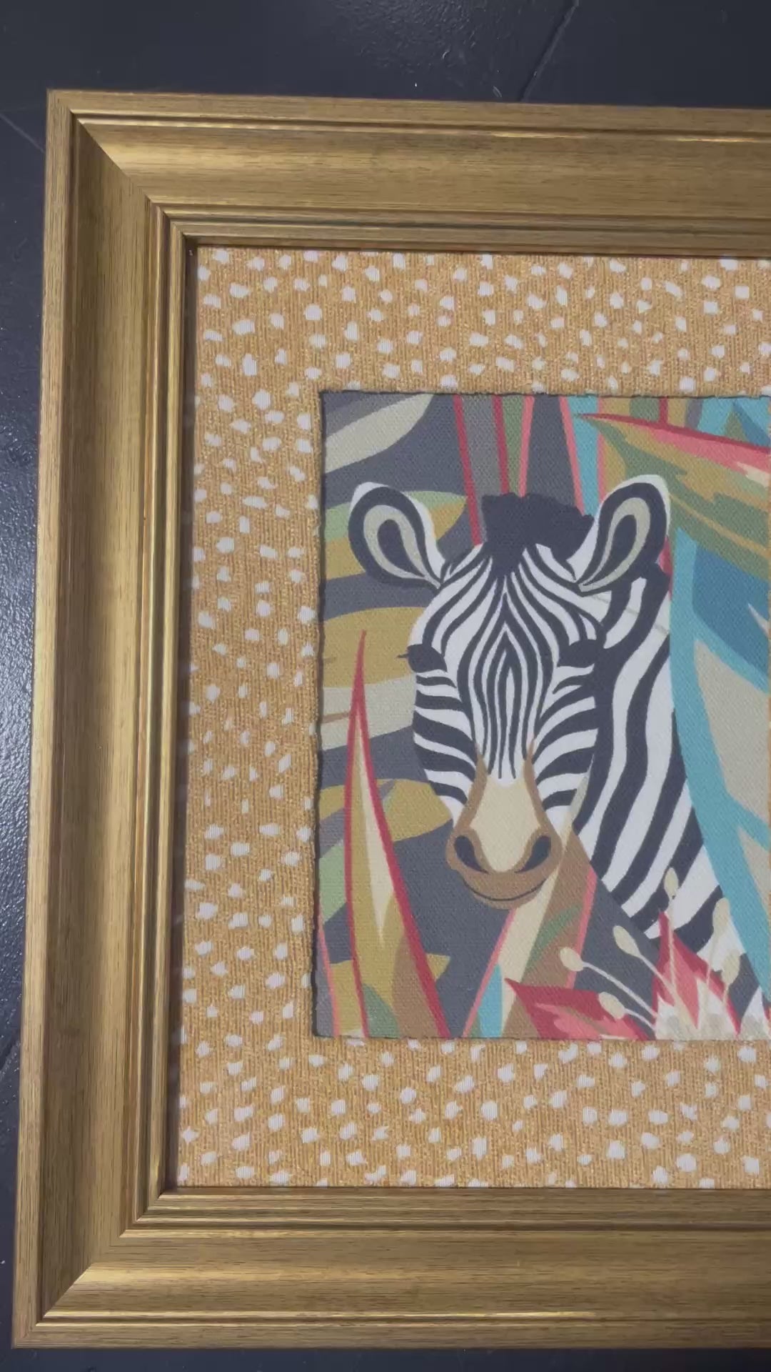 Safari Wall Art — Giraffe and Zebra Kinablu Petro fabric with reverse giraffe fabric mat in Gold Frame