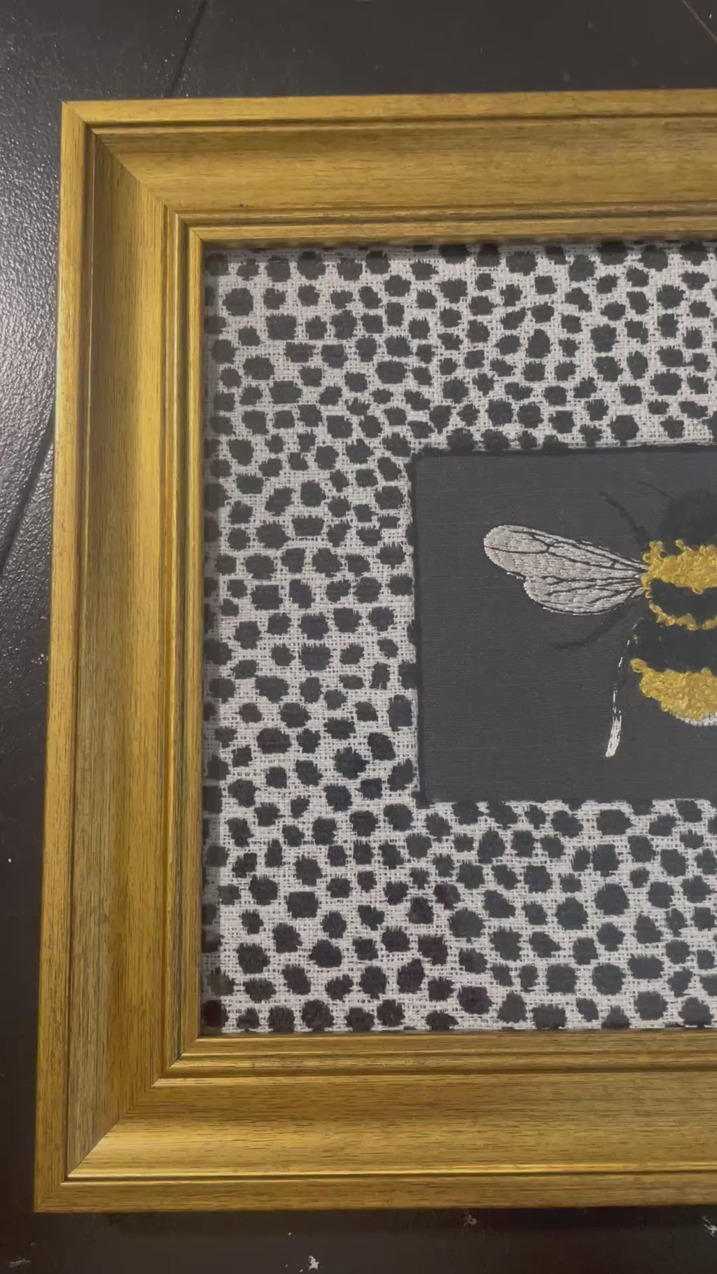 Embroidered Bee Wall Art — Gold Frame with Ballard Designs Ebony Tully Fabric Mat