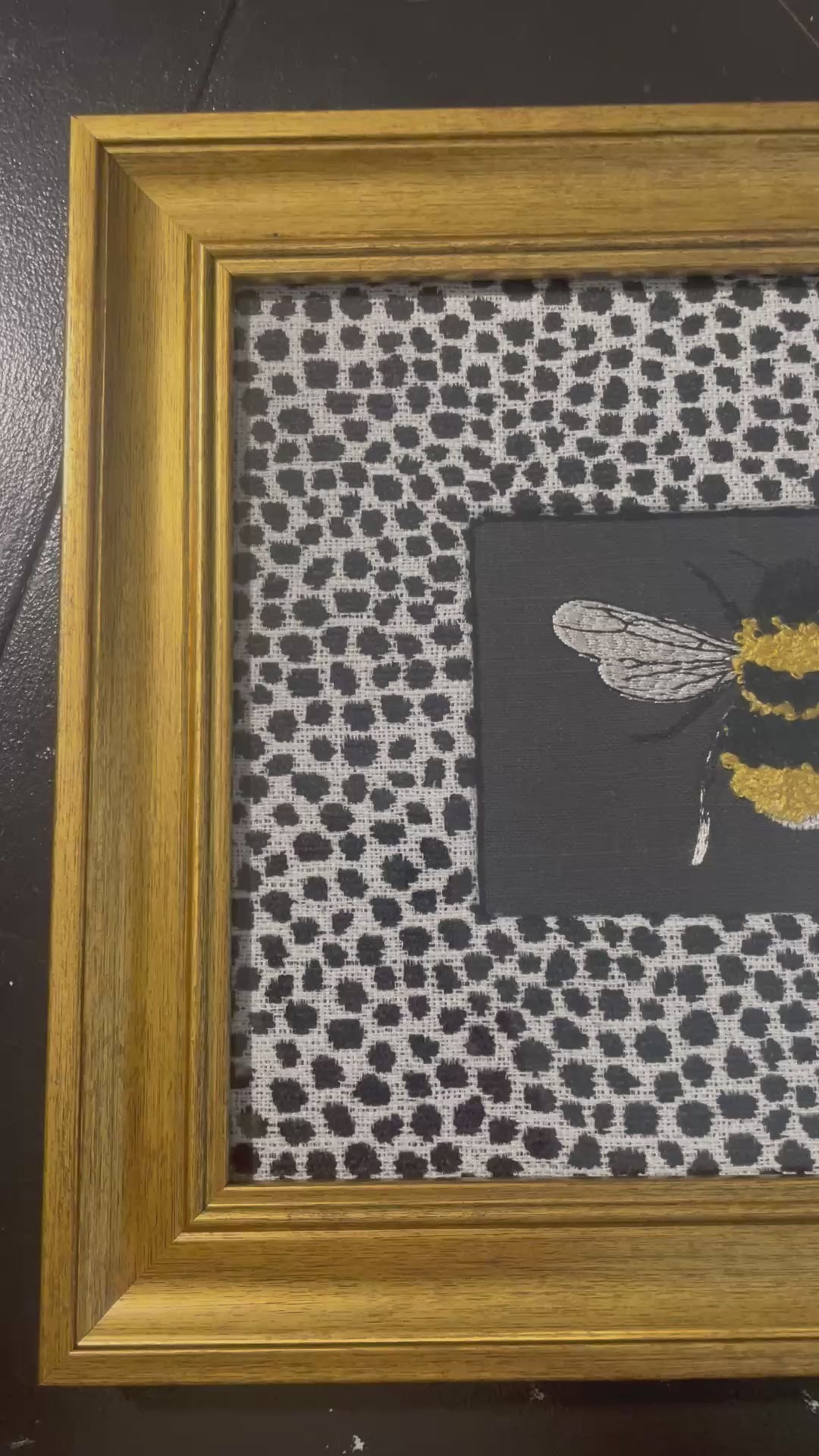 Embroidered Bee Wall Art — Gold Frame with Ballard Designs Ebony Tully Fabric Mat