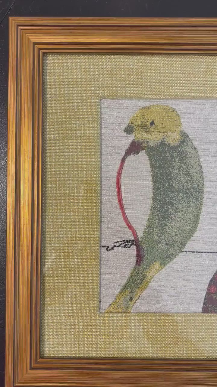 Green & Gold Bird Pair — Woven Fabric Wall Art, 13x16 Gold Frame