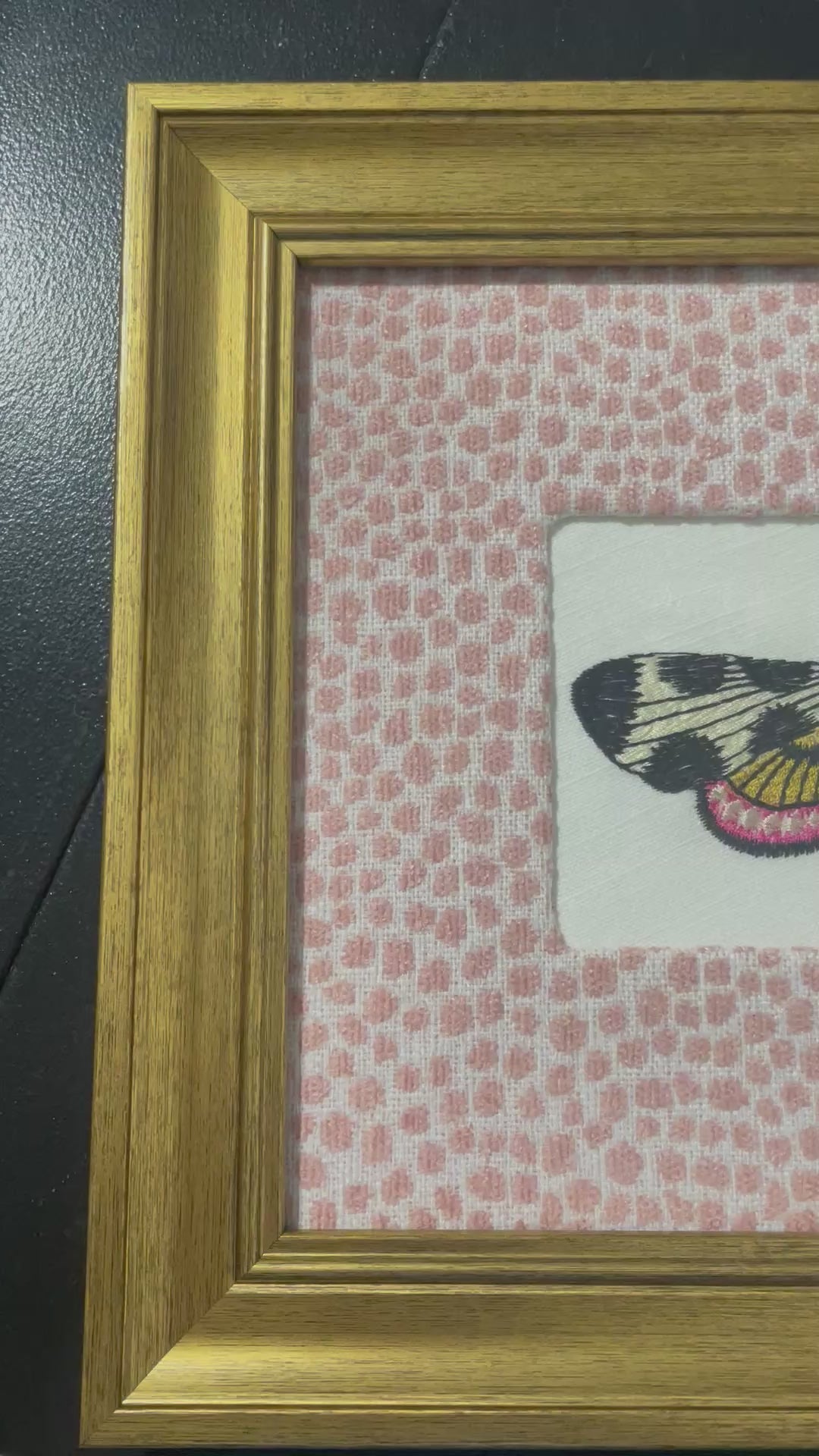 Black & White Graphic Butterfly-Moth — Embroidered Wall Art, Gold Frame with Tully Rose Quartz Fabric Mat