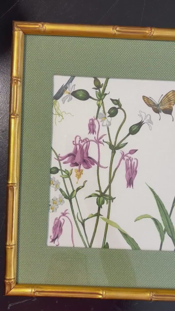 Custom Ballard Designs Isabella Green Fabric Art with Callen Matting in Gold Frame Bamboo Style 12x15
