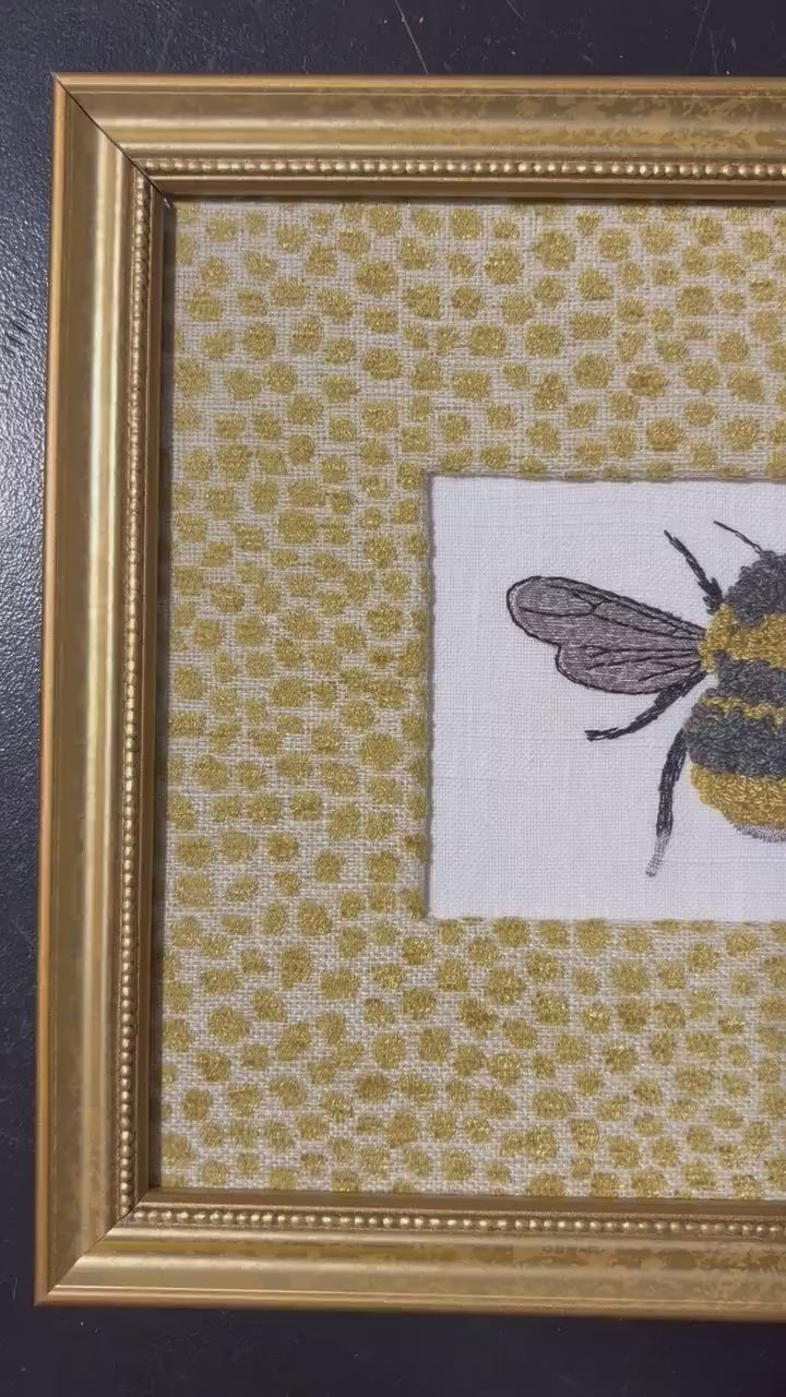 Custom Embroidered Bee Wall Art on Boucle Fabric with Goldenrod Mat, Optional Gold Frame