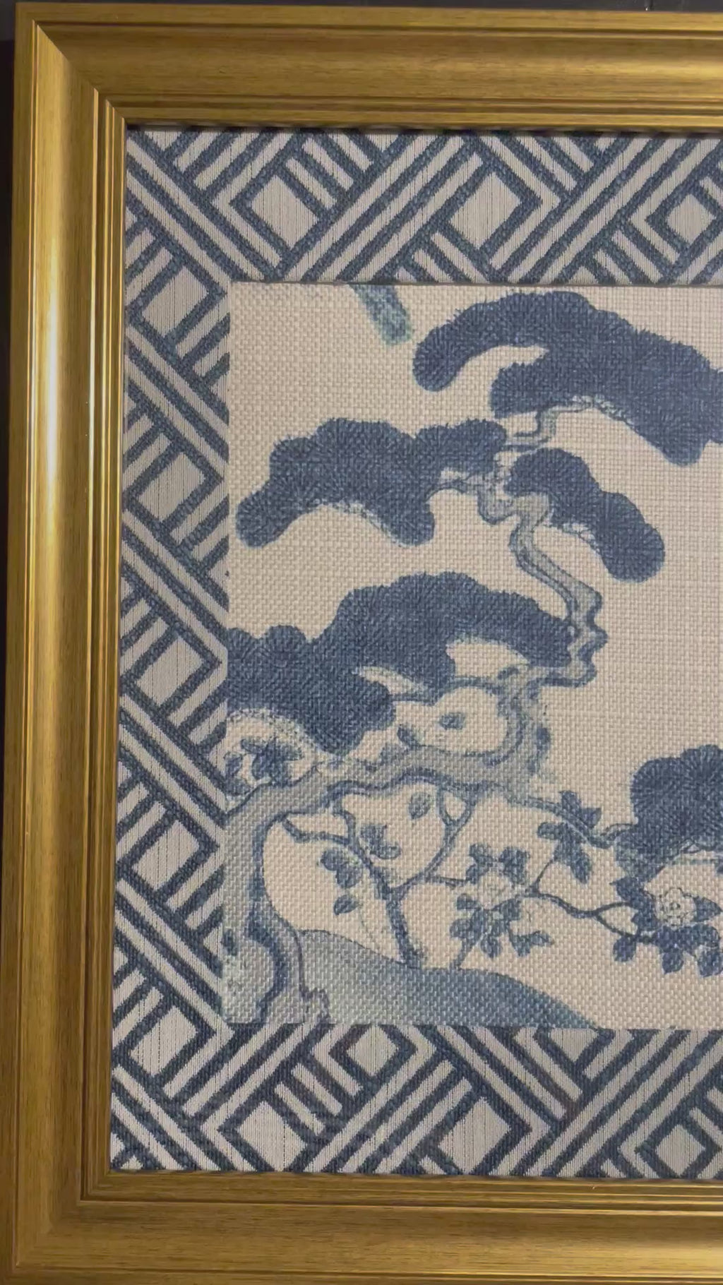Chinoiserie Pine & Scholar's Rock Fabric Wall Art | 13x16 Gold Frame | Zen Indigo