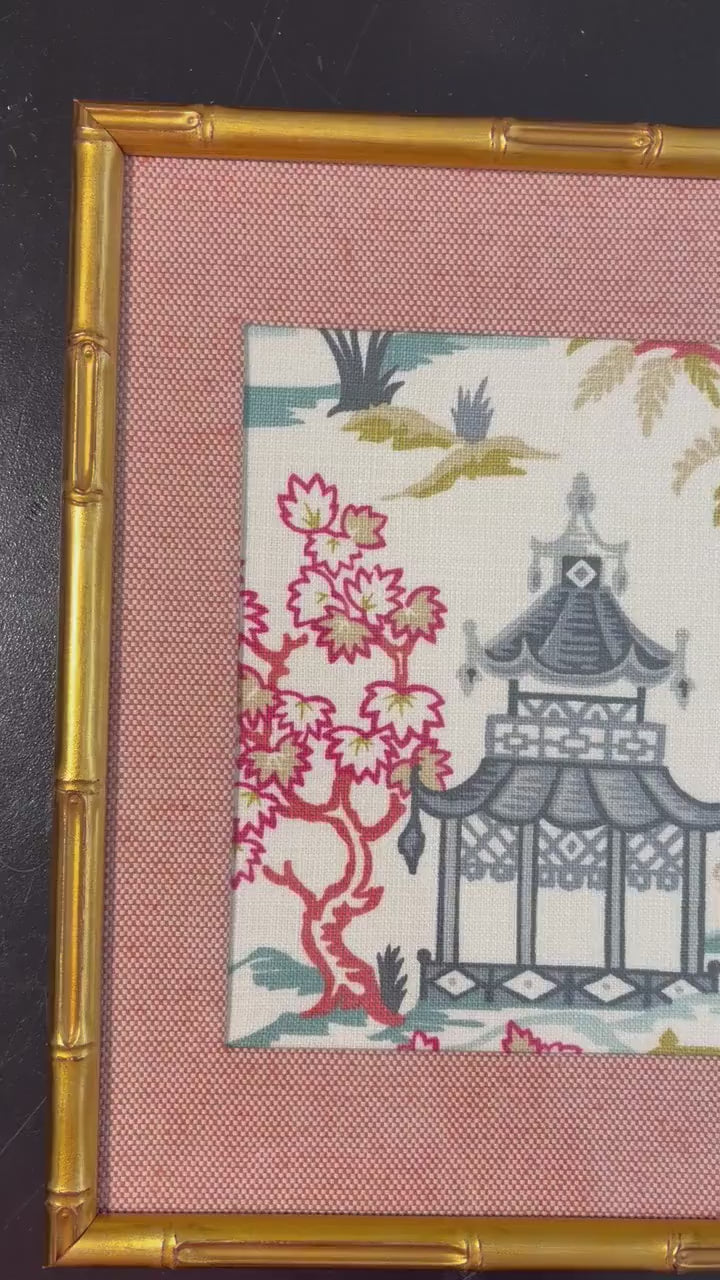Chinoiserie Wall Art in Bamboo Style Gold Frame, Suki Fabric Print 12x15, Ballard Designs Inspired Decor