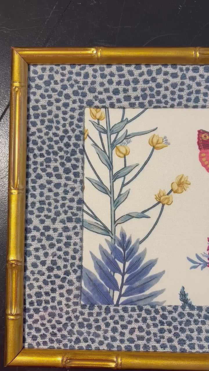Ballard Designs Isabella Blue Botanical Framed Fabric Wall Art with Tully Dot Mat, Gold Bamboo Frame, 12x15