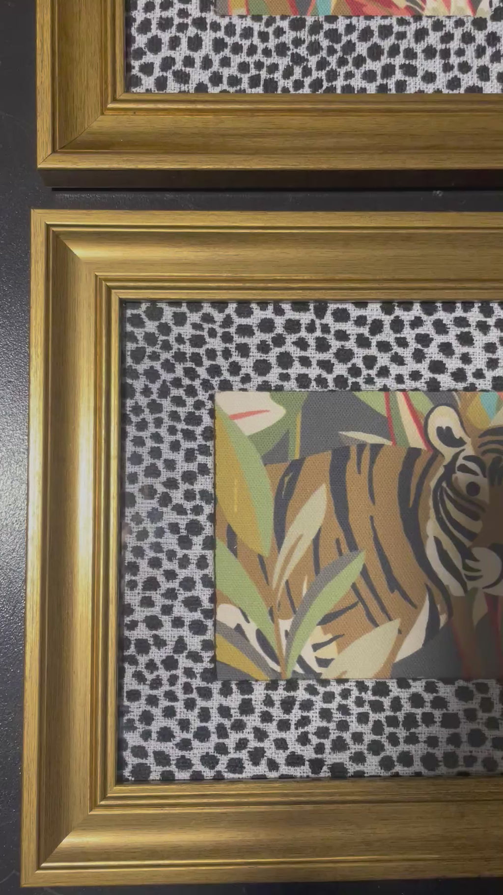 Safari Wall Art — Giraffe and Zebra Kinablu Petro fabric with Ballard Designs Tully Ebony fabric mat in Gold Frames