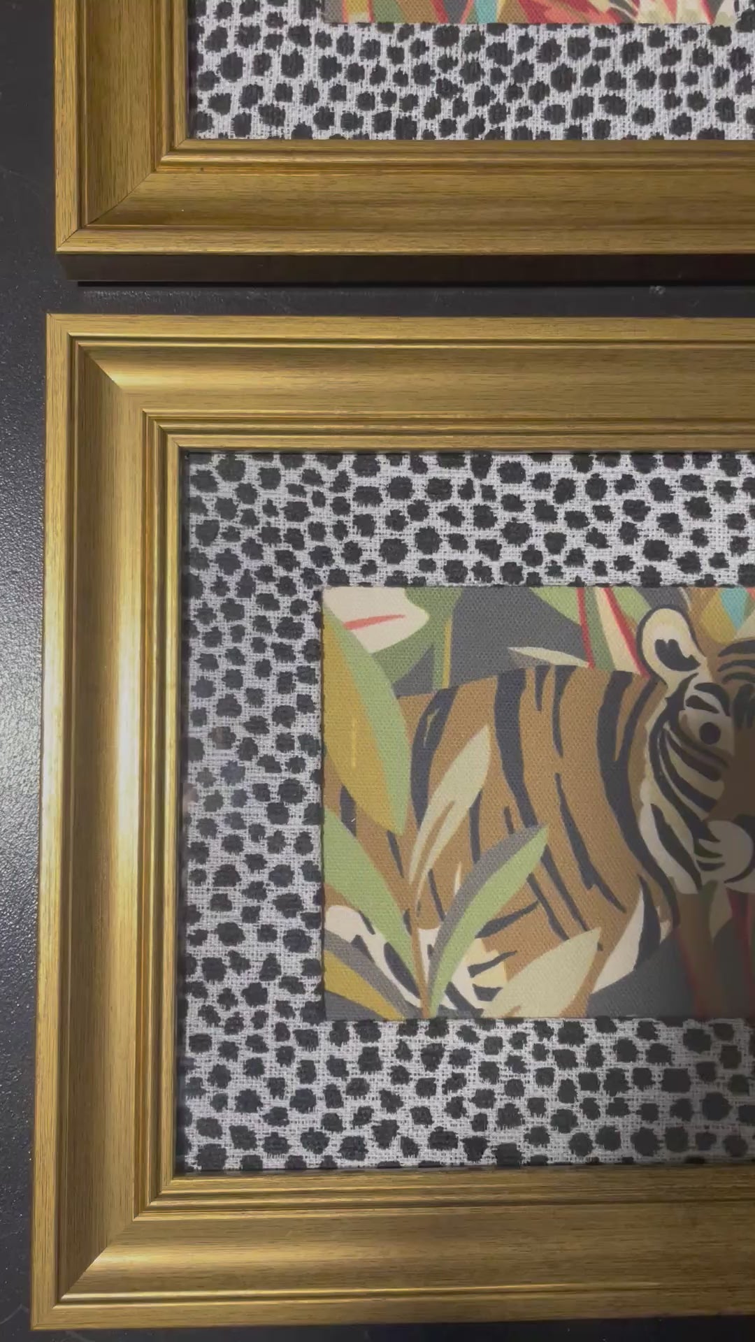 Safari Wall Art — Giraffe and Zebra Kinablu Petro fabric with Ballard Designs Tully Ebony fabric mat in Gold Frames