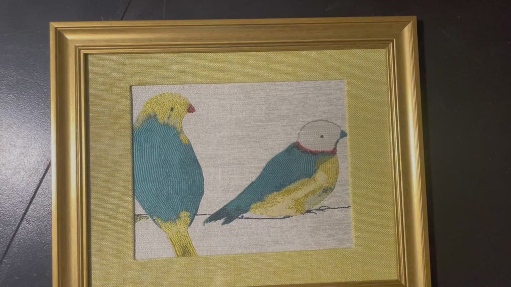 Teal & Gold Bird Pair — Fabric Wall Art, 13x16 Gold Frame