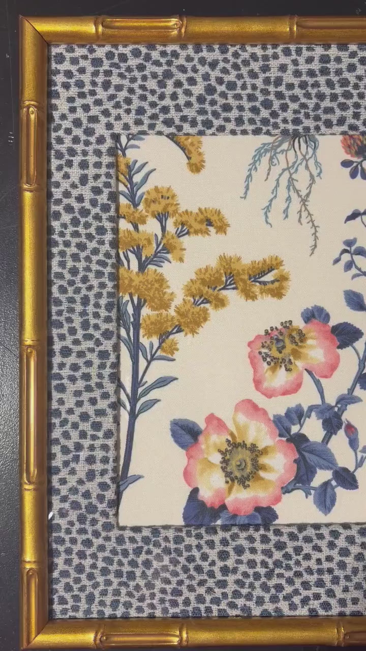Isabella Blue Fabric Art in Gold Bamboo Frame with Tully Matting, Ballard Designs Style, 12x15