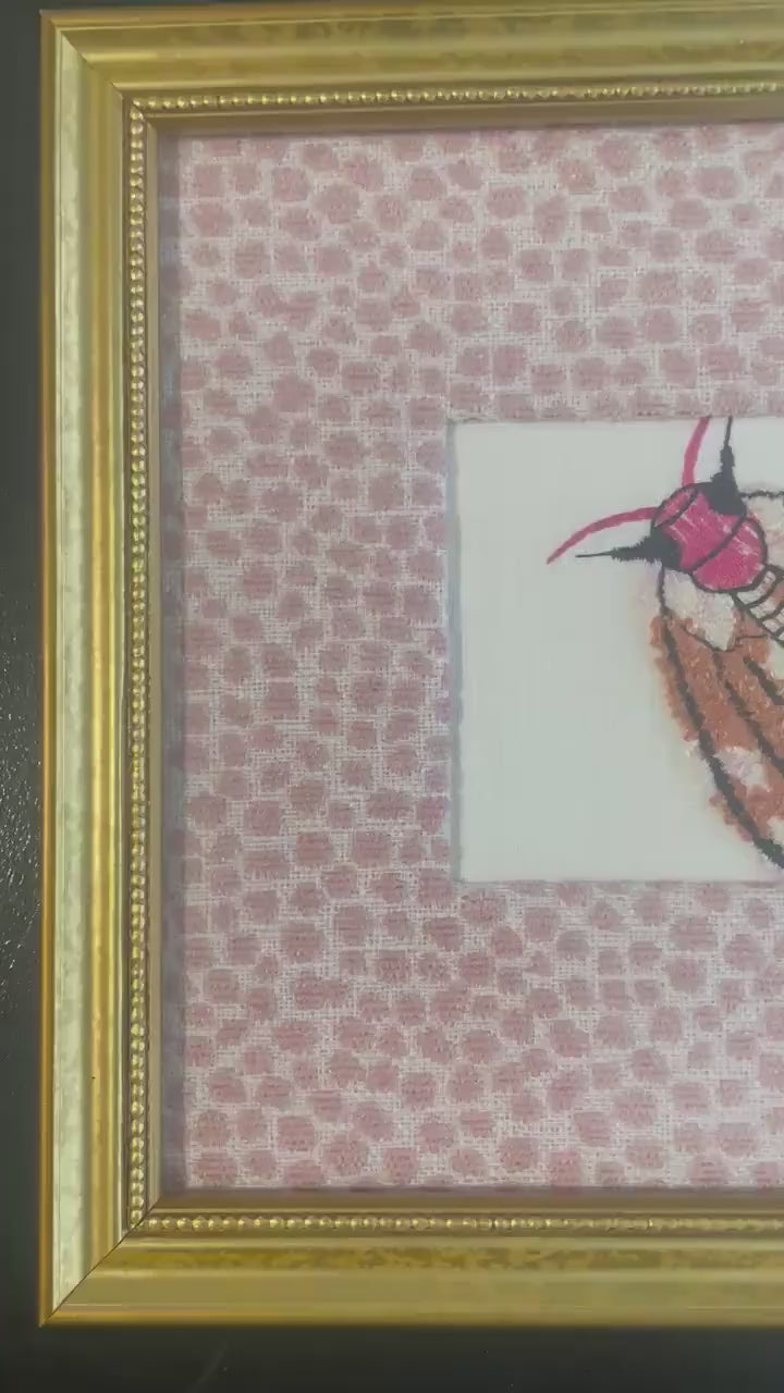 Custom Framed Embroidered Butterfly & Moth Art with Ballard Designs Tully Rose Quartz Fabric Mat