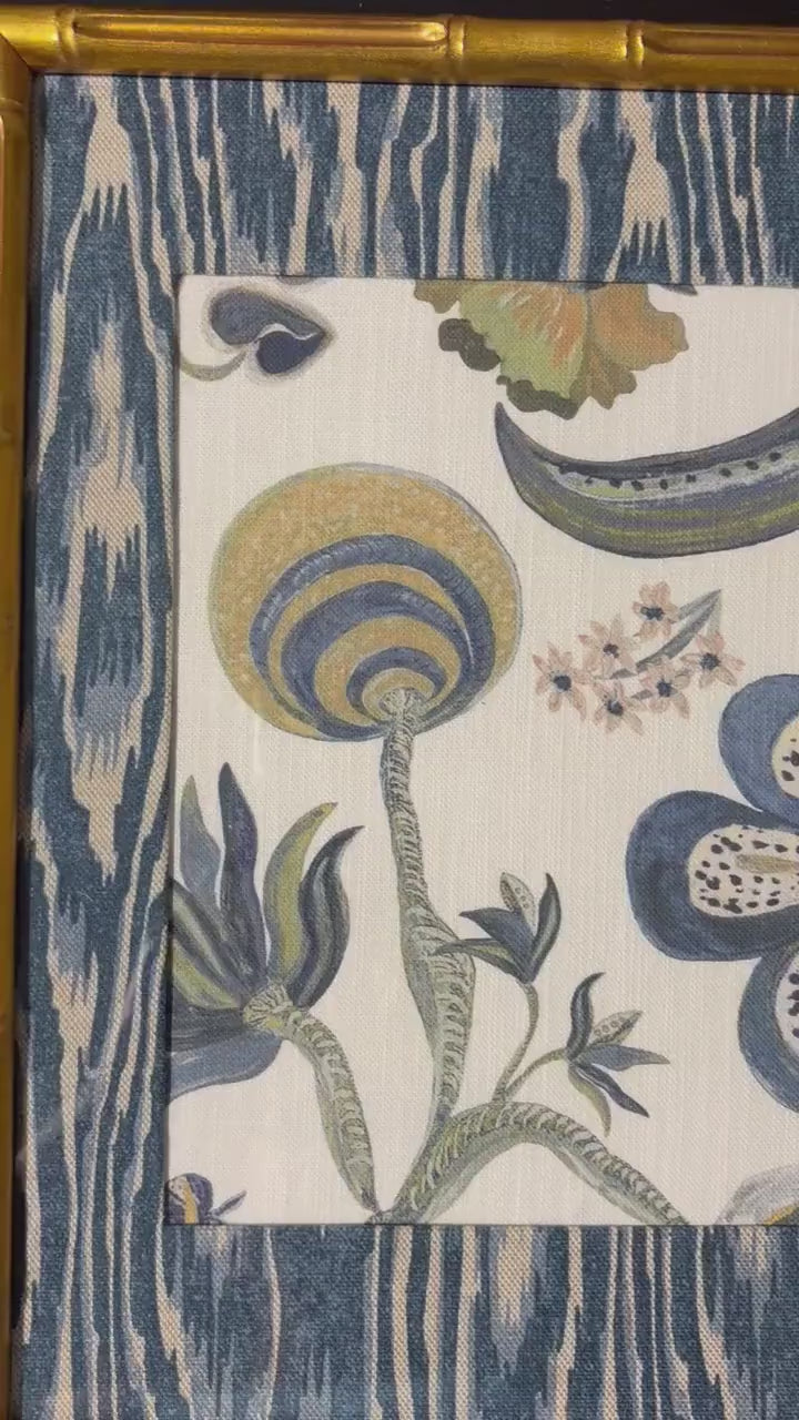 Custom Framed Ballard Designs Fabric Art (12x15) – Isadore Blue Ikat Gold Bamboo Frame