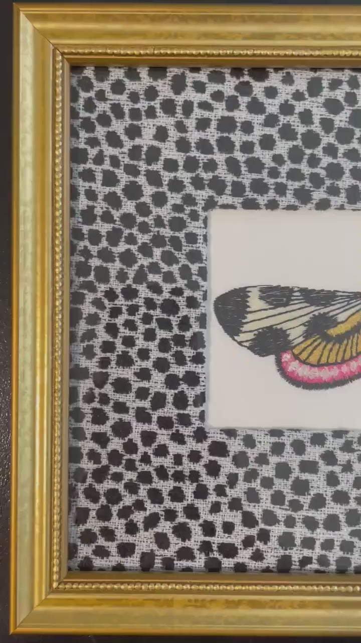 Embroidered Butterfly Moth Wall Art on Ballard Designs Tully Ebony Fabric - Unique Insect Lover Gift & Cottage Decor
