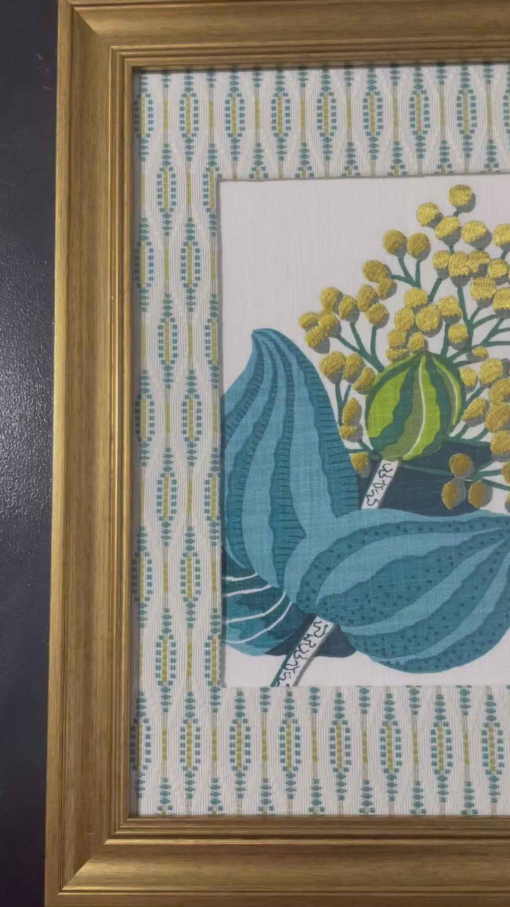 Ballard Designs Emmie Blue Fabric Framed Wall Art — Faygo Tropics Blue Mat, 13x16 Gold Frame (No. 2)