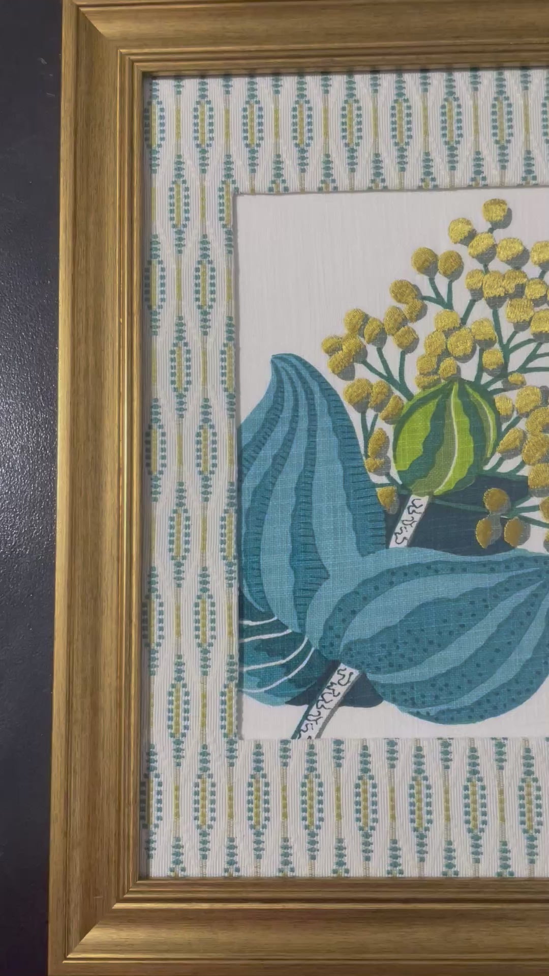 Ballard Designs Emmie Blue Fabric Framed Wall Art — Faygo Tropics Blue Mat, 13x16 Gold Frame (No. 2)