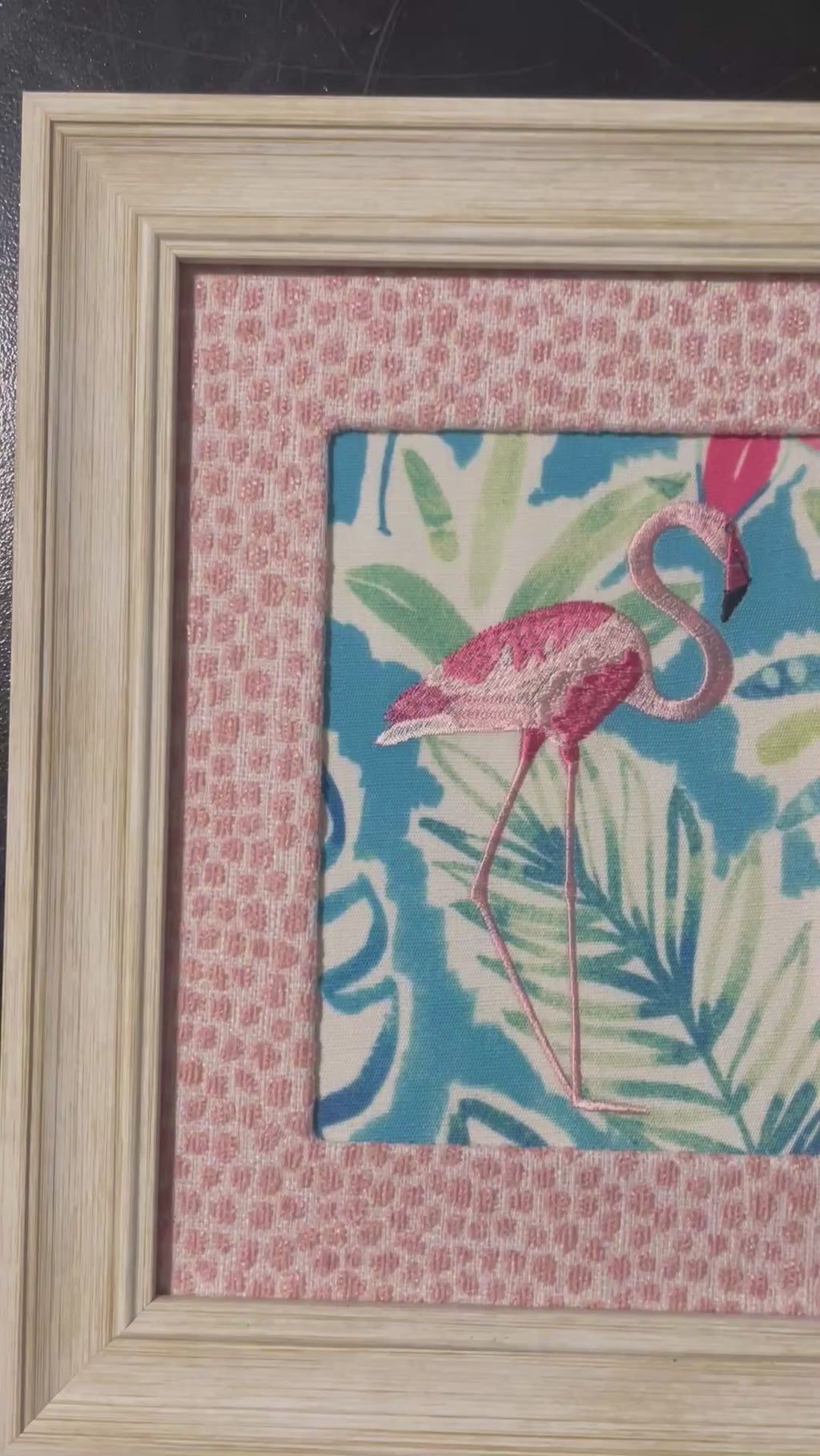 Framed Embroidered Pair of  flamingos with Custom Ballard Designs TULLY Rose Quartz Fabric Matting