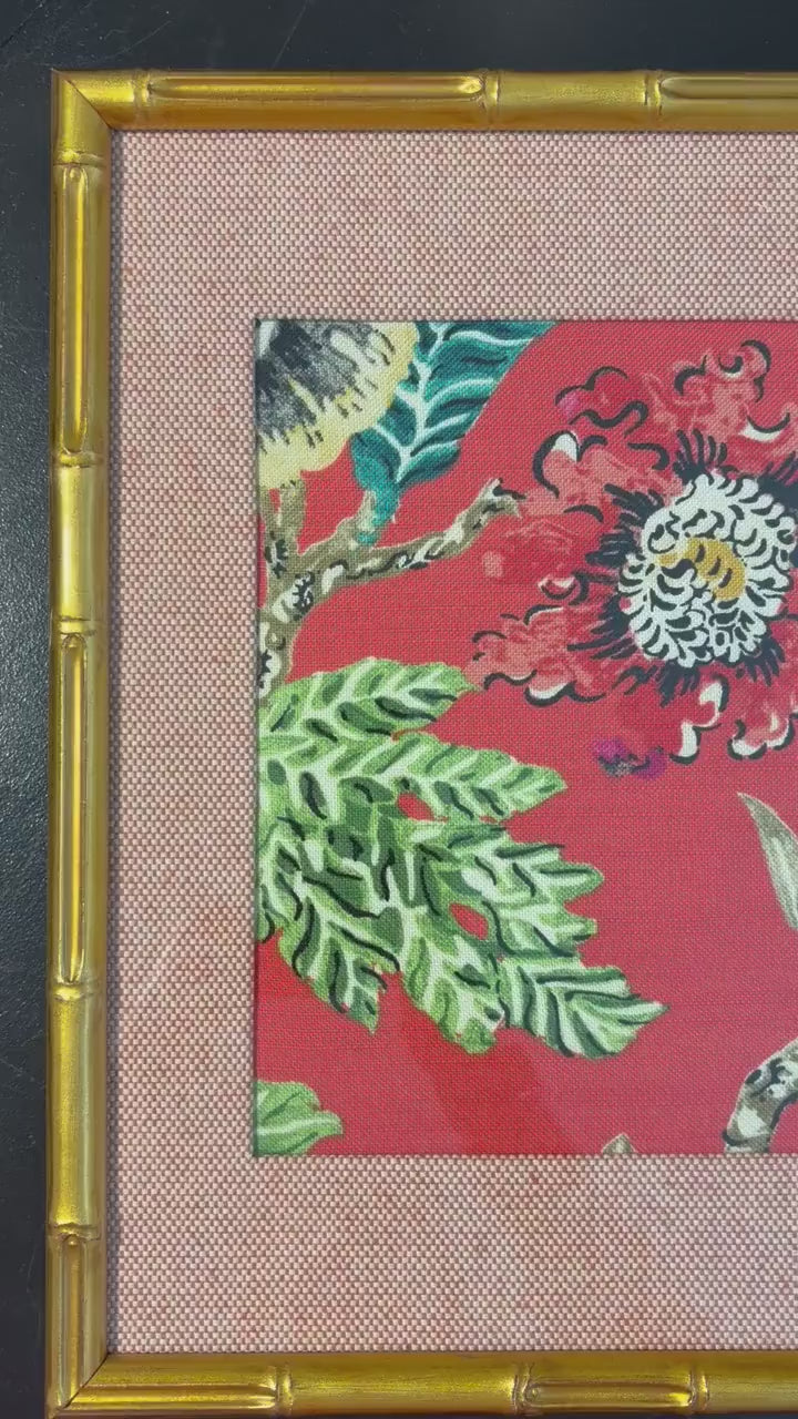Chinoiserie Floral Fabric Art – Gold Bamboo Frame (12×15)