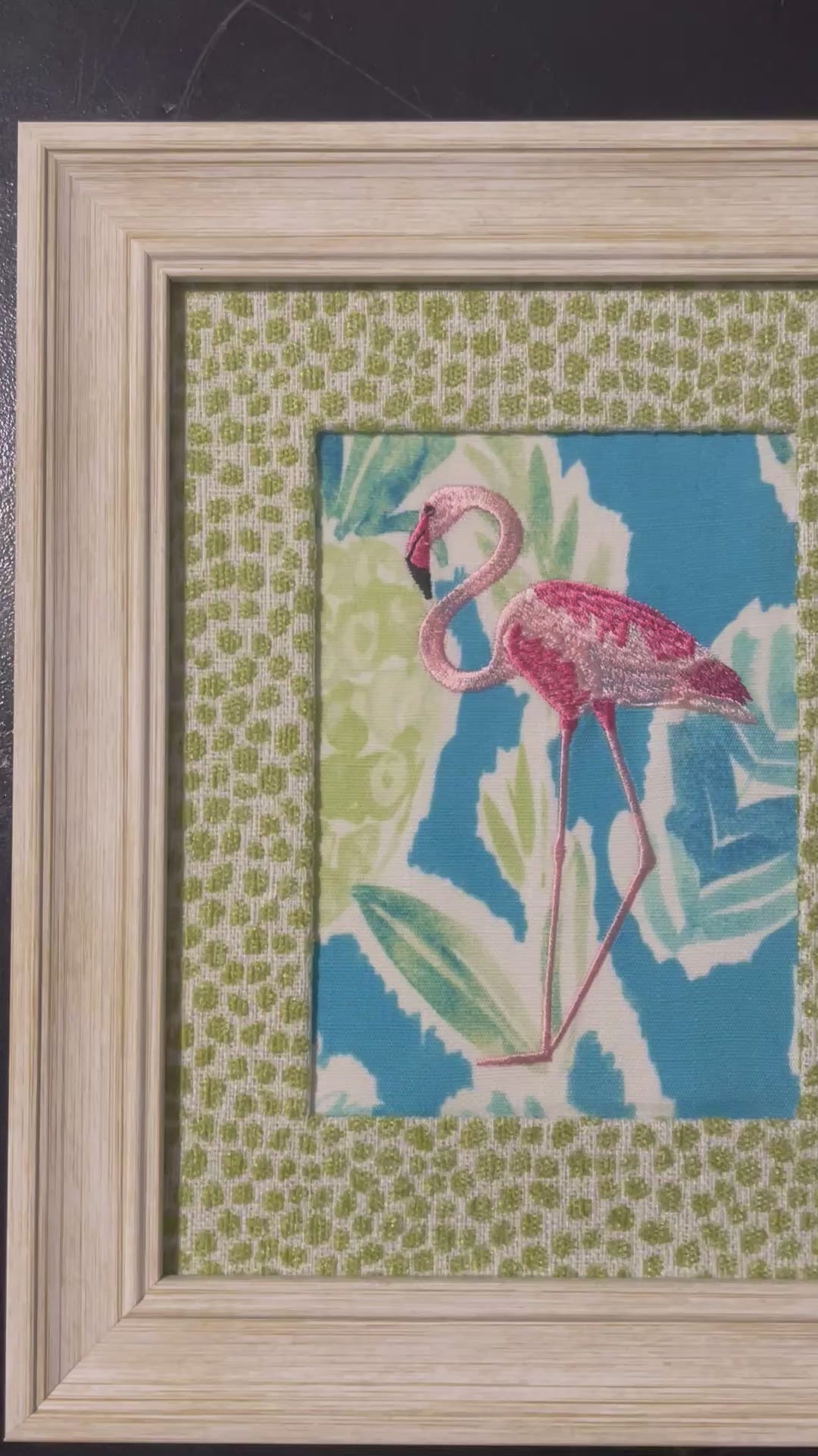 Framed Embroidered left facing flamingo with Custom Ballard Designs TULLY Pear Fabric Matting