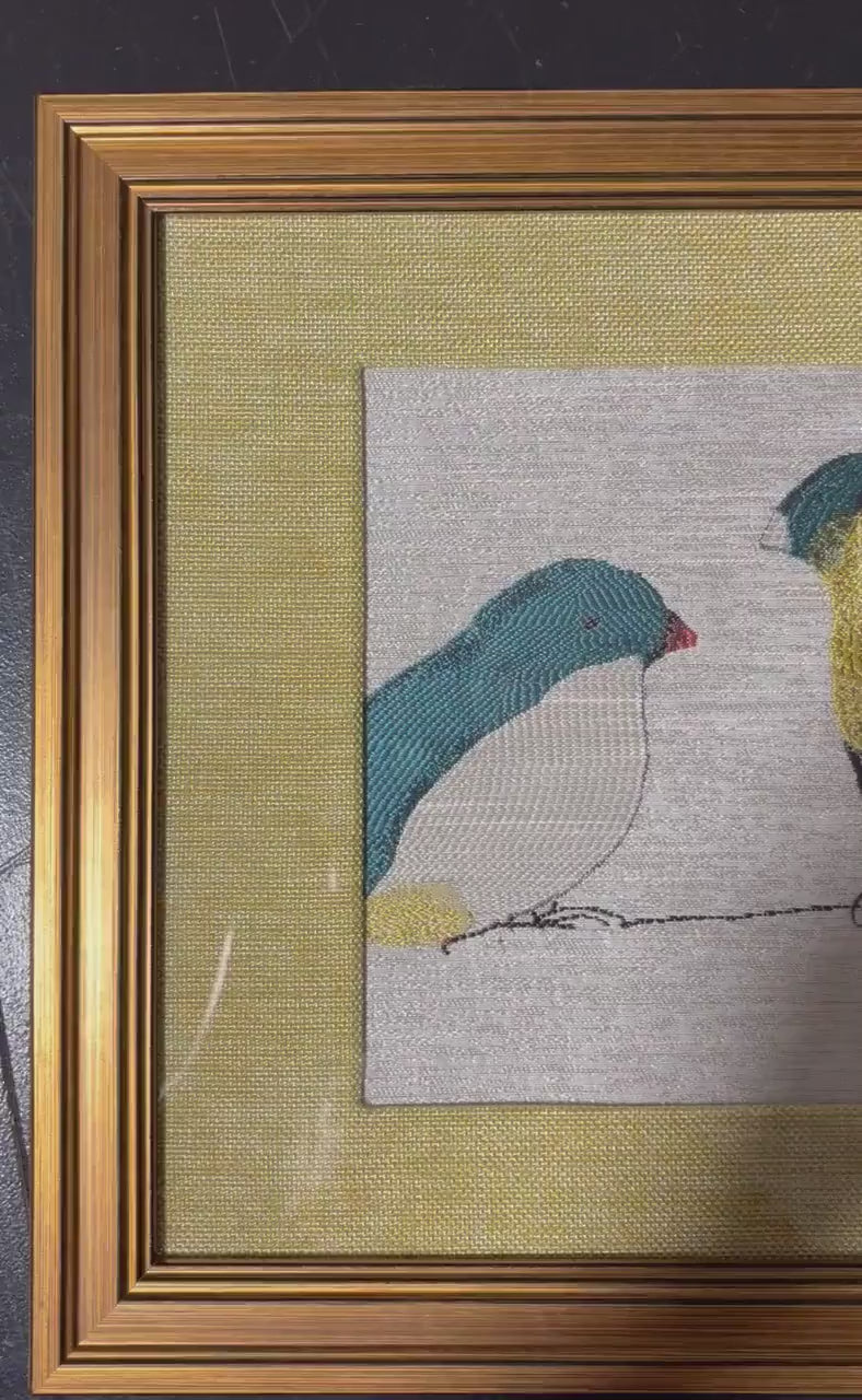 Fabric Wall Art, Teal White Charcoal Birds, Gold Frame 13x16