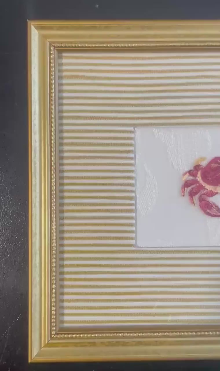 Embroidered adorable Crab Art: Custom Framed Ballard Designs Biff Mustard Fabric