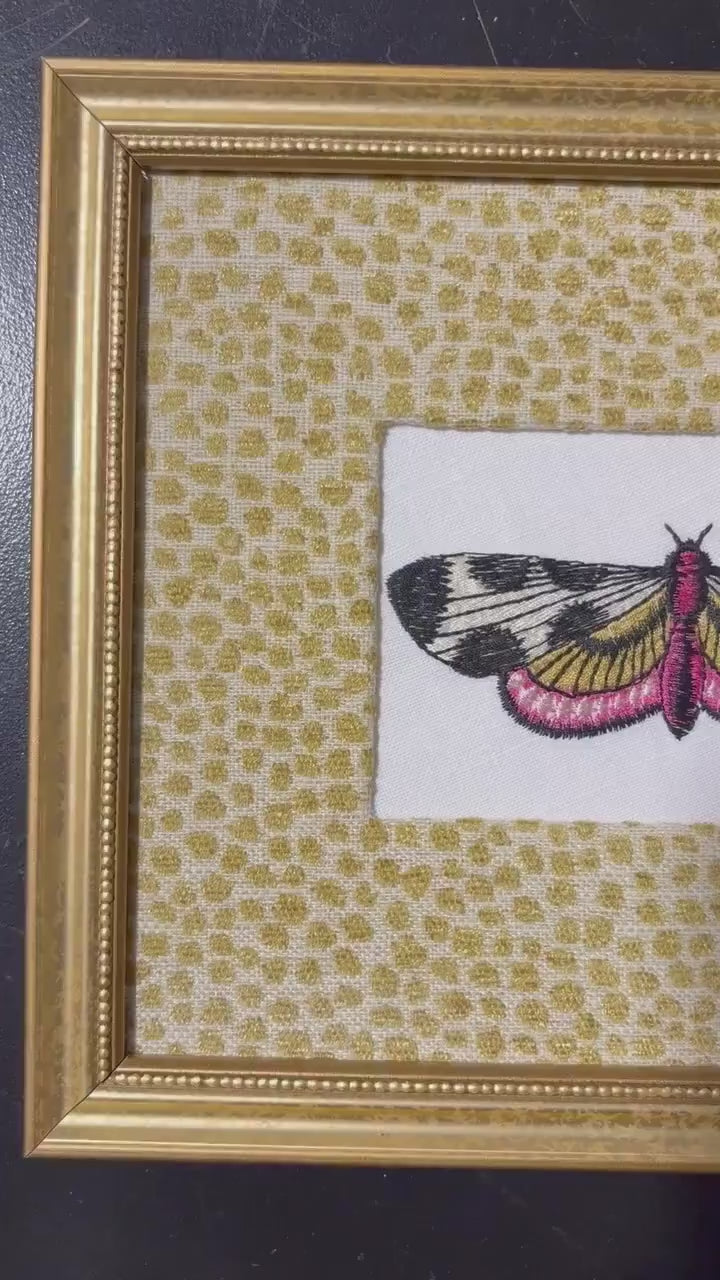 Embroidered Butterfly Moth Wall Art | Tully Goldenrod Ballard Designs Fabric Mat, Gold Frame