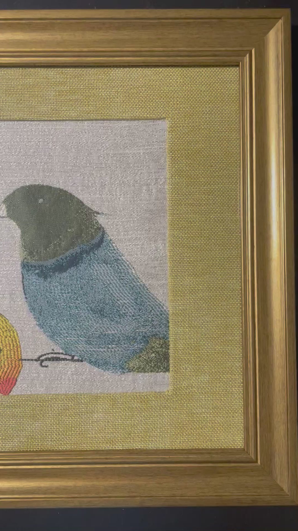 Red-Beaked & Blue Bird Duo — Fabric Wall Art, 13x16 Gold Frame