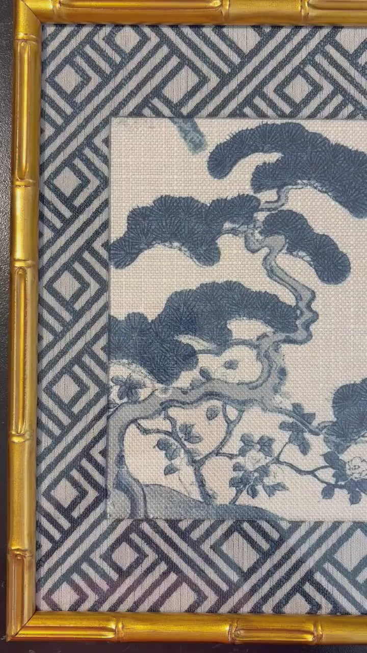 Chinoiserie Pine & Scholar's Rock Fabric Wall Art | 12x15 Gold Bamboo Frame | Zen Indigo