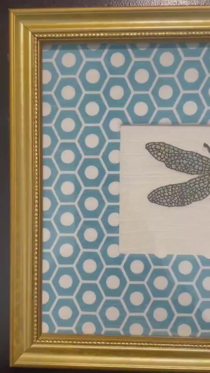 Embroidered Dragonfly Art – Schumacher Queen B Mat, Gold Frame (9.125" x 11.125")