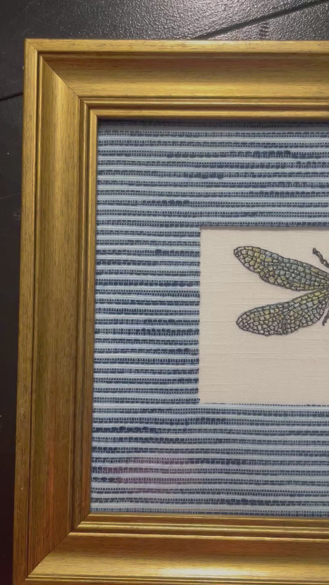 Embroidered Dragonfly Wall Art — Gold Frame with Ballard Designs Indigo Blue Biff Fabric Mat